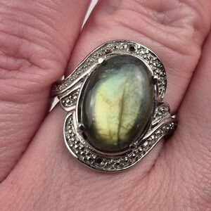 Stainless Steel Oval Labradorite Style Statement Ring Size 7 Bezel Dark Academia